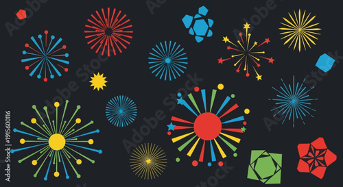 Colorful Fireworks Explosions on Dark Background.