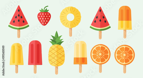 Colorful Fruit Popsicles and Fresh Fruits.