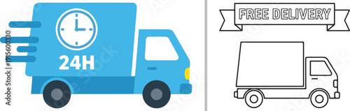 A versatile set of delivery icons featuring blue and outline trucks with "24H" clock symbols for all-day service and a "FREE DELIVERY" ribbon banner for promotional shipping offers.