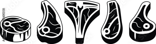 Steak cuts illustration, ribeye, sirloin, lamb chops, T-bone steak vector, butcher meat diagram, culinary beef drawing, black and white art