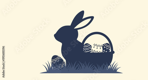 Easter Bunny Silhouette with Eggs and Basket.
