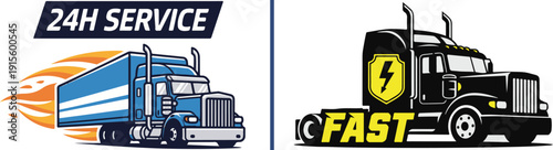 A high-energy logistics vector showcasing a blue semi-truck with fiery speed trails labeled "24H SERVICE" and a black truck profile with a yellow lightning shield and "FAST" typography.