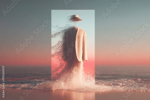 Ocean waves interact with a suit and hat at sunset on the beach