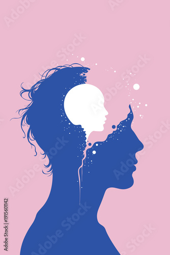 Profile silhouette of head containing inner child face with  paint splatter flowing out, symbolizing trauma, inner voice, childhood memories therapy