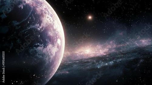 Space galaxy planet nebula cosmos universe star night orbit horizon ethereal cosmic landscape with alien world and luminous planet near nebula filled galaxy glowing horizon over deep space universe