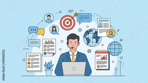 Customer service representative working on a laptop with communication and global business icons in the background.