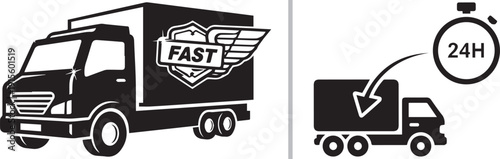 Monochrome logistics icons: a detailed delivery truck with a winged "FAST" shield logo, and a minimalist silhouette truck with an arrow pointing from a 24H stopwatch.