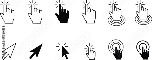 Cursor and hand icons with various actions and effects