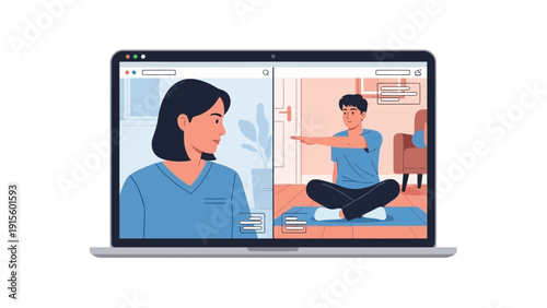 Laptop screen displaying a video call between two people in a home setting with a relaxed atmosphere