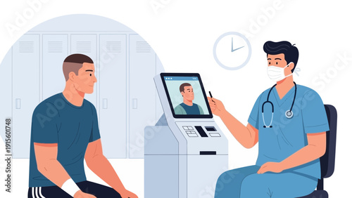 Doctor consulting with patient via telemedicine screen in a hospital setting with a seated male patient and medical professional
