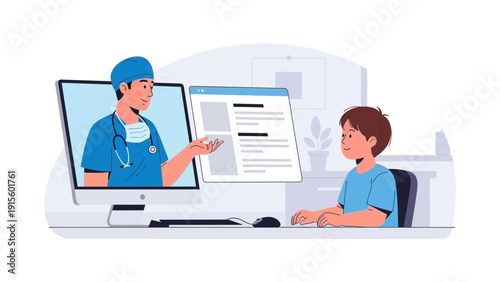 A young patient interacts with a healthcare professional via a computer screen in a clinical setting
