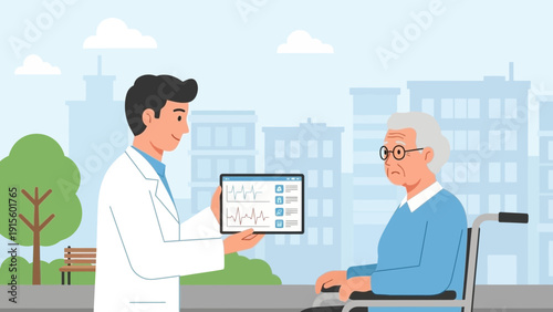 A doctor in white coat explaining medical chart to elderly patient in wheelchair outdoors in urban setting