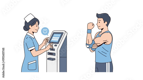 Nurse interacting with kiosk while athlete flexes nearby in a healthcare setting illustration
