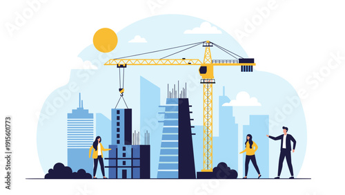 Busy construction site featuring a tall yellow tower crane building modern skyscrapers in a growing urban city skyline background.