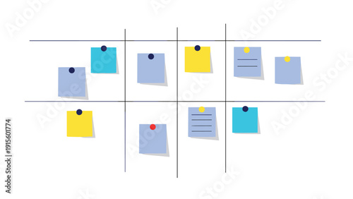 Organizational project management board with colorful sticky notes and push pins arranged in a grid for task tracking and scheduling.