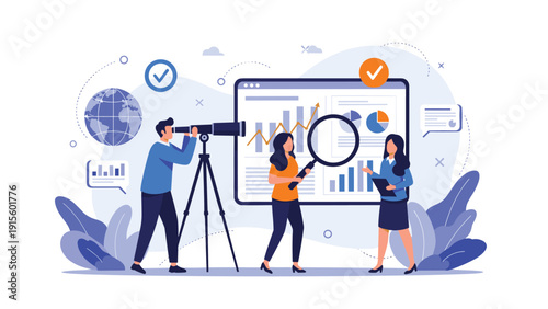 Team of business professionals analyzing financial charts and data on a large screen monitor for marketing and strategic growth insights.