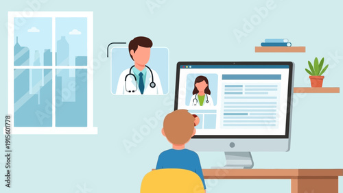 Man sitting at desk with computer, consulting doctor online through video call, in a modern office setting with city view