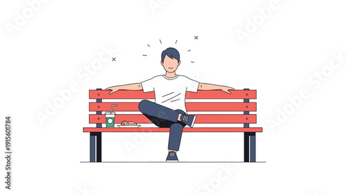Young man sitting comfortably on a red park bench with a drink and snack, enjoying a peaceful moment of relaxation and leisure time.