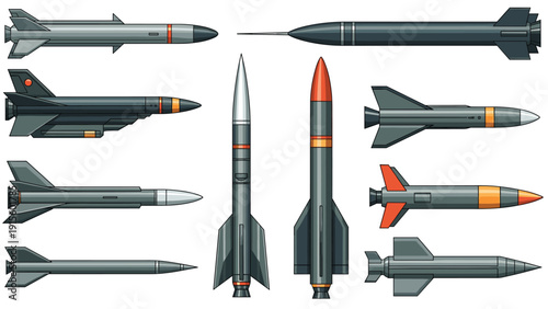 Assortment of military missiles and rockets designed for defense, aerospace technology, and modern strategic warfare weapon systems.