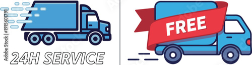 Two blue delivery truck vectors: one features a "24H SERVICE" label with motion lines, while the other is wrapped in a large red "FREE" banner to highlight complimentary shipping offers.