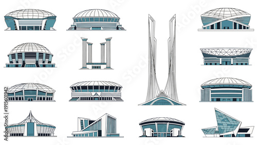 Diverse collection of modern architectural buildings, stadiums, and futuristic structures with unique geometric designs and glass facades.