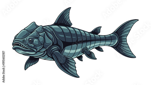 Detailed illustration of an ancient prehistoric armored fish with thick scales and sharp teeth, representing extinct marine wildlife and evolution.