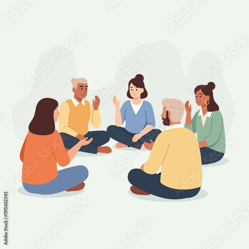 Diverse group of people sitting in a circle, engaging in a discussion or therapy session.