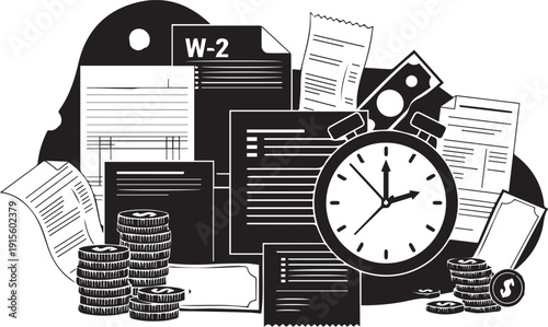 Tax time vector silhouette illustration with W2 papers and coins