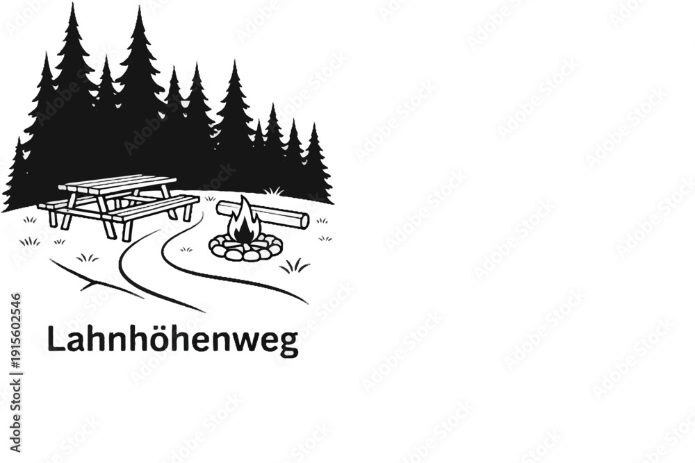 Obraz premium Forest campsite with picnic table, campfire, and path