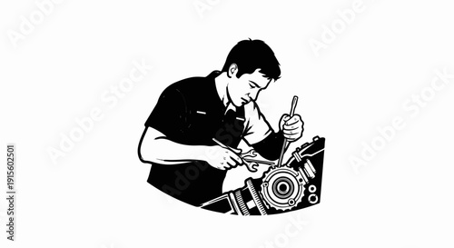 Focused mechanic intently working on engine with tools, black and white