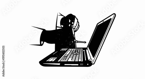 Hand manipulating a stylus on a laptop keyboard, abstract representation