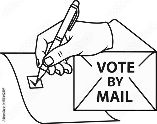 Hand marking ballot with pen, envelope says "Vote by Mail.