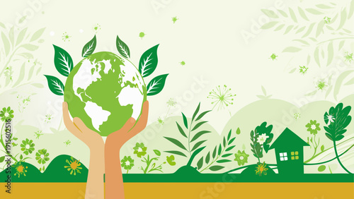 Hands reaching towards nature with green sprouts and global harmony elements