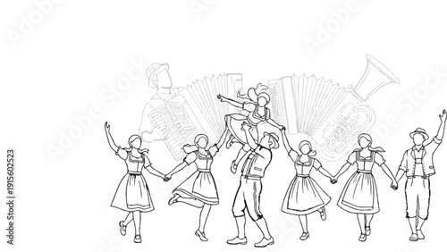 Folk dancers in traditional attire circle around while musicians play accordions and horns