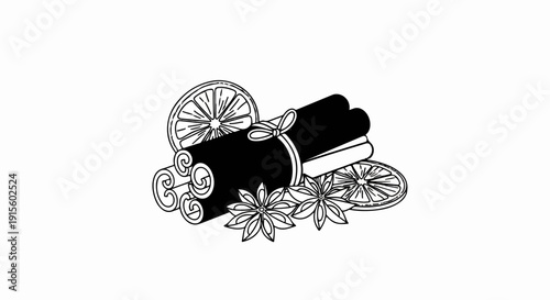 Illustration of bundled cinnamon sticks with star anise and citrus slices