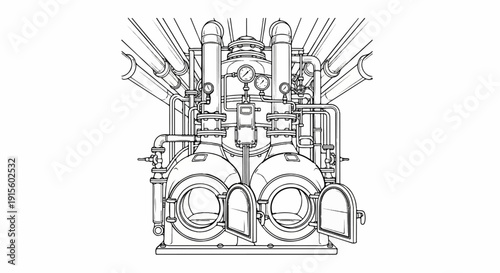 Intricate diagram of industrial distillation equipment with pipes and gauges