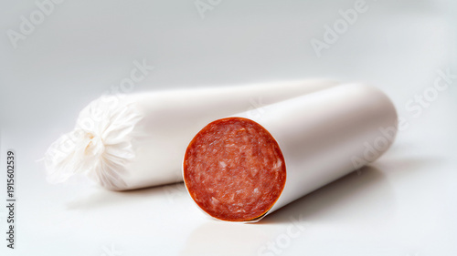 Sausage chub cut in blank white pack mockup, ai generate. Empty plastic cover on preserved salami half lying mock up, depth of field background. Sealed meat pepperoni package template.