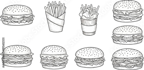 Hand-drawn sketches of assorted burgers and french fries in paper containers