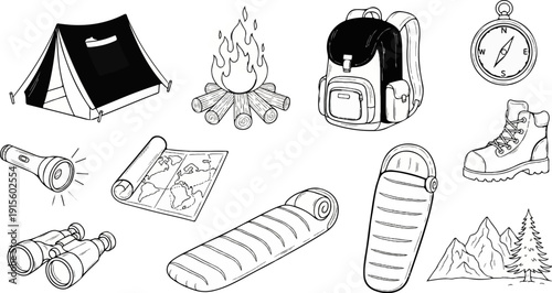 Illustration of camping and hiking gear, including a tent, campfire, backpack, and boots