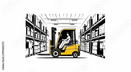 Forklift operator in a warehouse, moving boxes on shelves