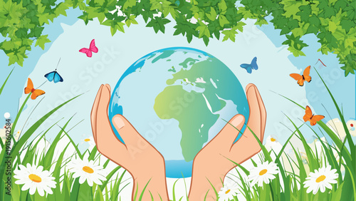 Hands cradling the earth amidst vibrant greenery and fluttering butterflies symbolizing unity and care for nature