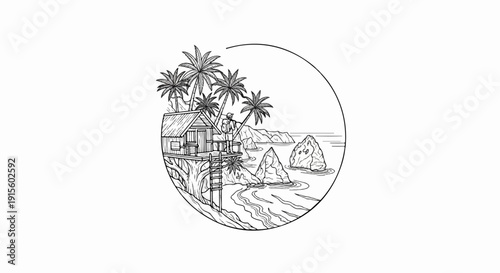 Hand-drawn tropical island scene with a cabin, palms, rocky shore, and ocean