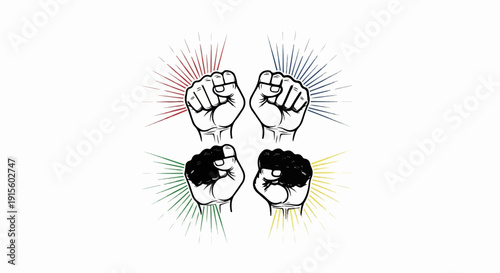 Four fists raised with colored rays radiating outwards