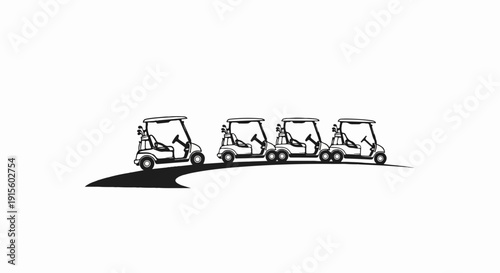 Four golf carts lined up on a white background with a curved shadow