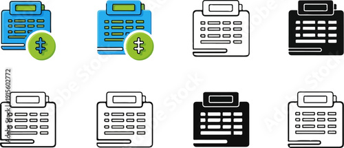 Four icons depicting a calculator or adding machine with different styles