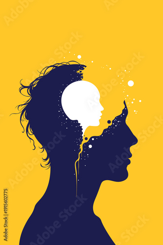 Profile silhouette of head containing inner child face with  paint splatter flowing out, symbolizing trauma, inner voice, childhood memories therapy