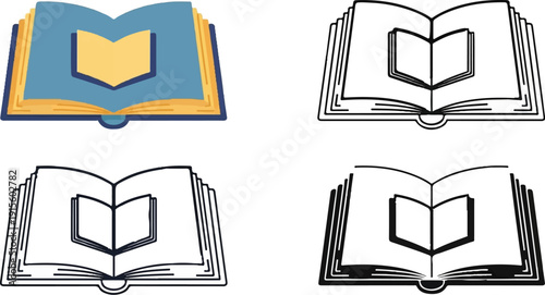 Four illustrations of open books, one colored, three line art variations