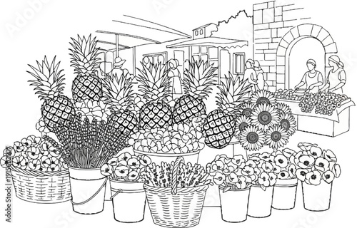 Lively outdoor market scene displaying abundant fresh fruits and vibrant floral arrangements