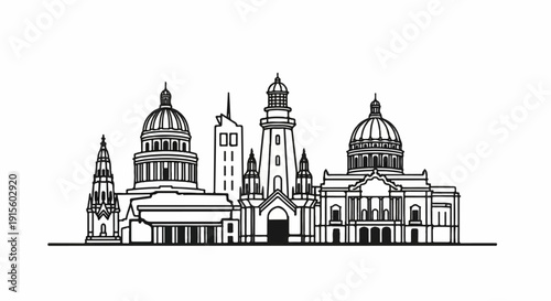 Line art cityscape depicting various monumental buildings with domes and towers