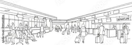 Lively airport interior scene with passengers and departure counter